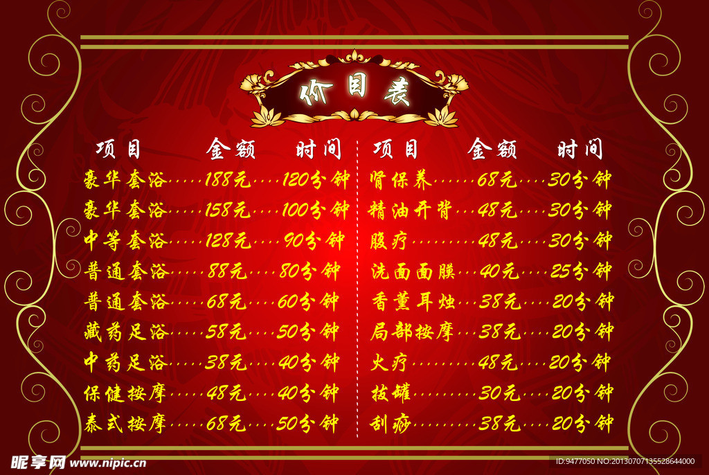 足疗价目表