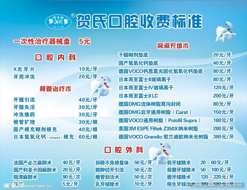 牙科价目表
