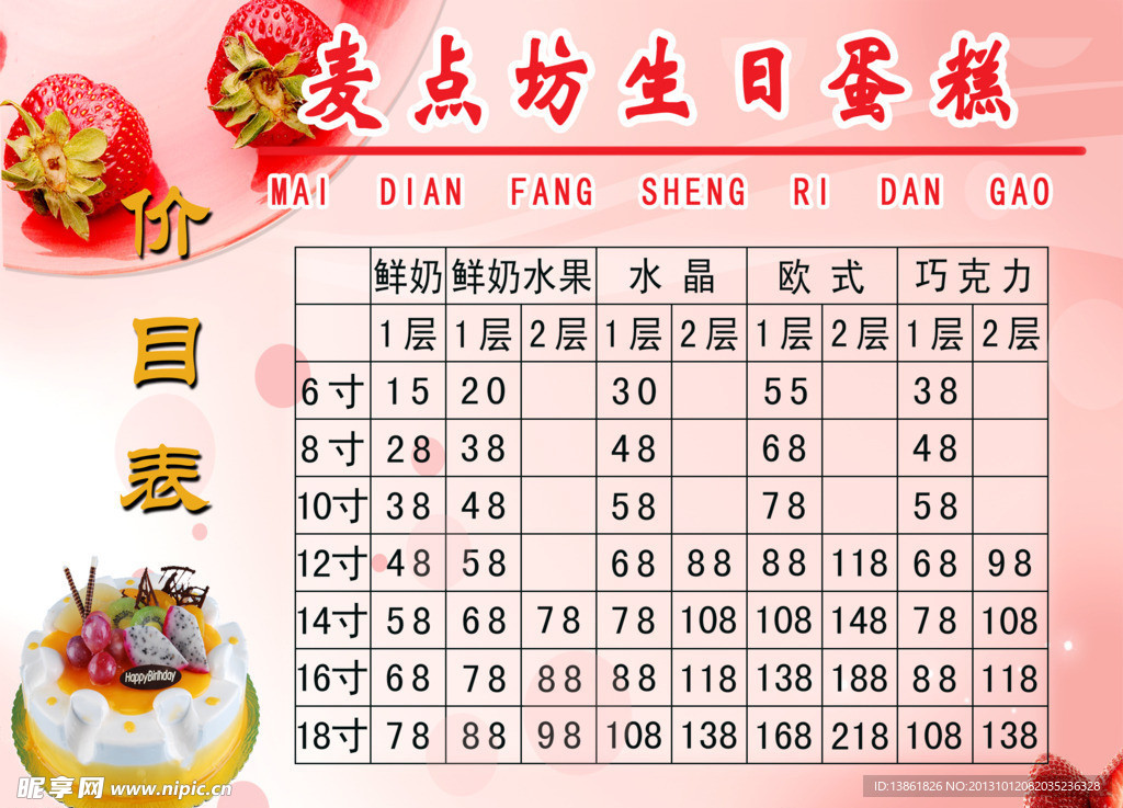 生日蛋糕价目表