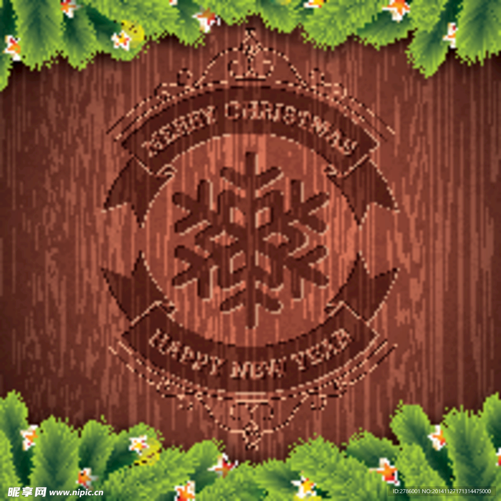 松枝雪花圣诞背景