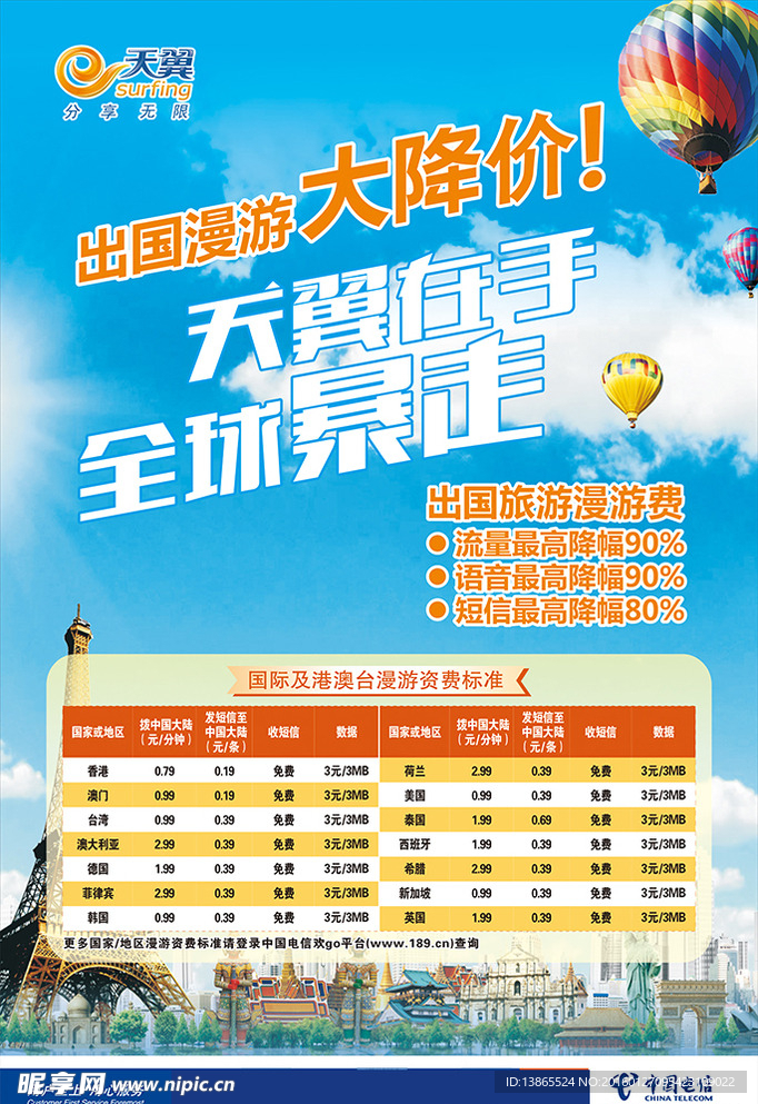 天翼国际及港澳台漫游海报