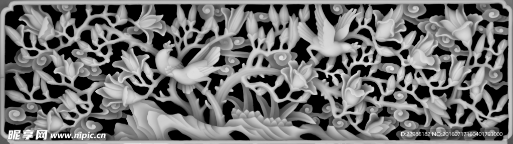 玉兰花花鸟镂空浮雕灰度图