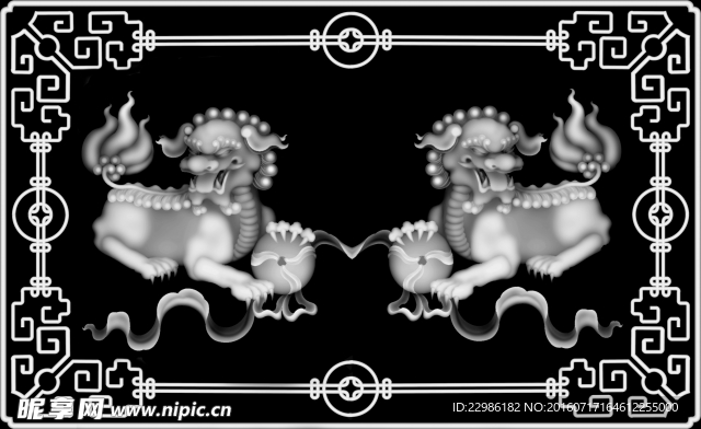 双狮戏球麒麟门板灰度图