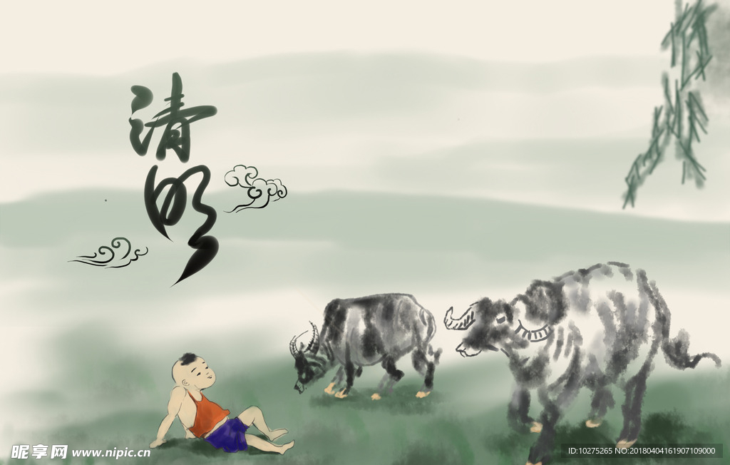 清明牧童和两头牛