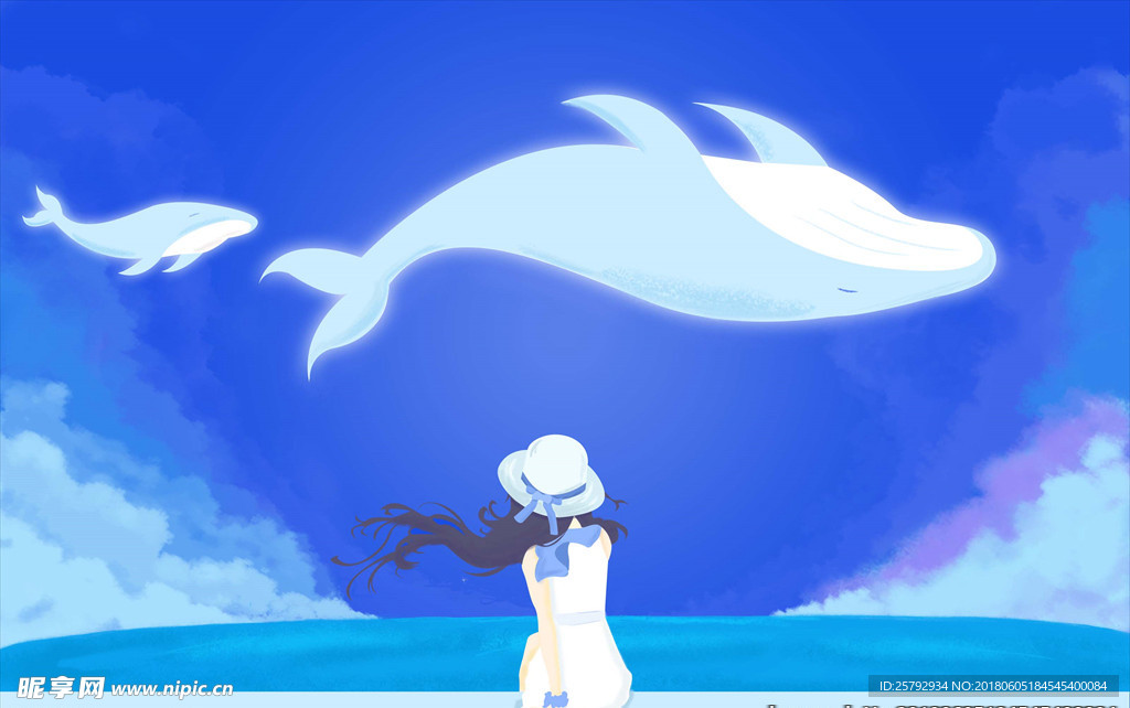 梦幻鲸鱼女孩治愈系插画