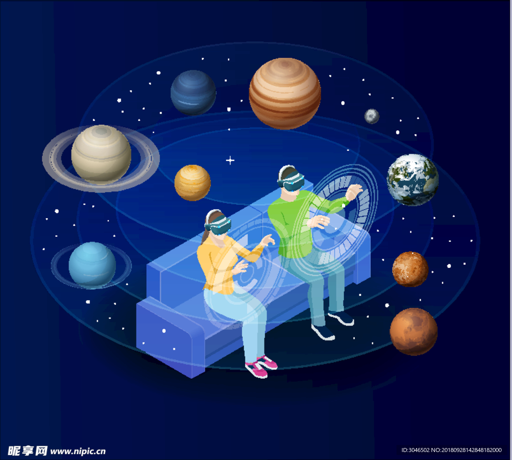 矢量虚拟现实模拟器插画设计