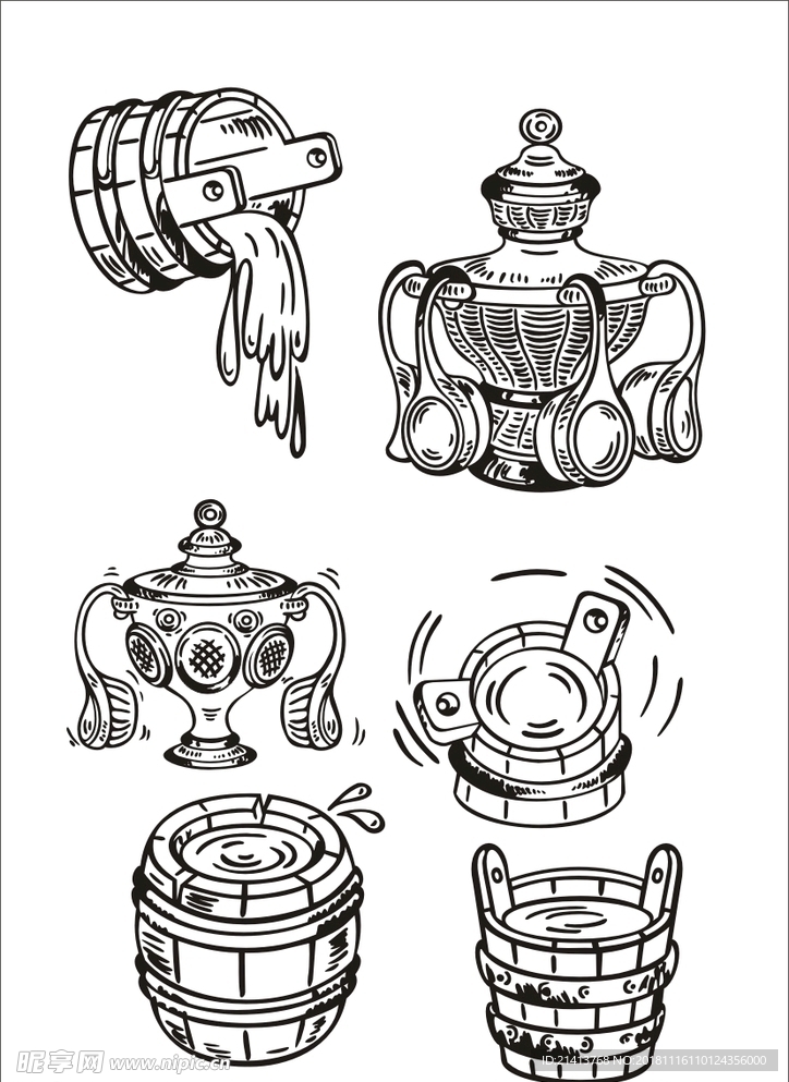 手绘线描酒桶