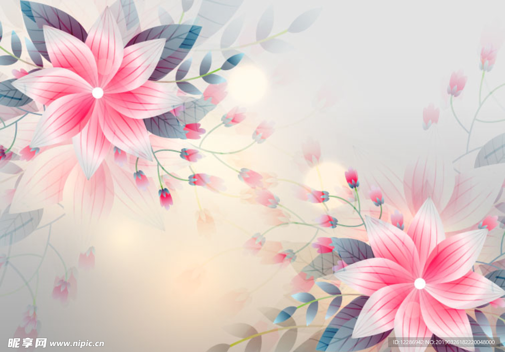 粉色植物花朵花卉树叶手绘背景