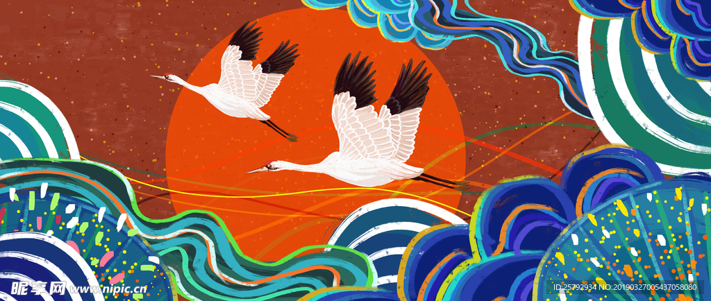 新国潮中国风仙鹤祥云背景画