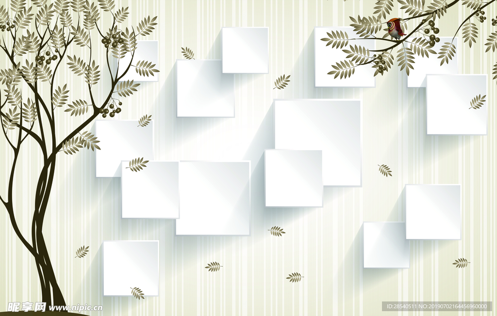 立体方块简约树鸟图片