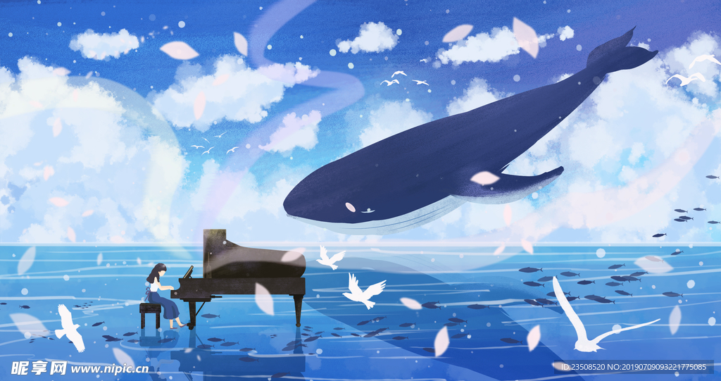 女孩弹钢琴插画