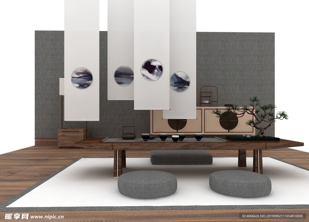 禅意茶桌边柜3d模型