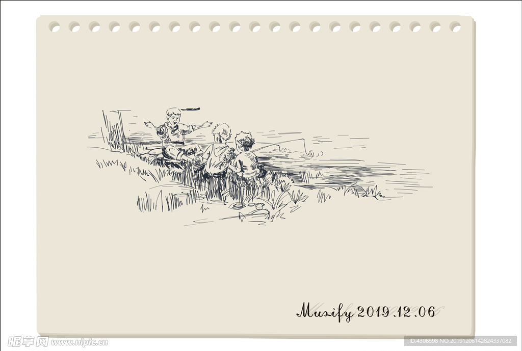 钓鱼小孩素描画