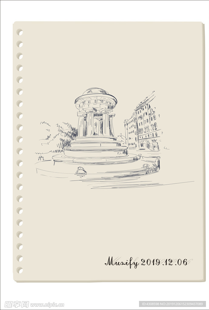 广场圆台建筑素描