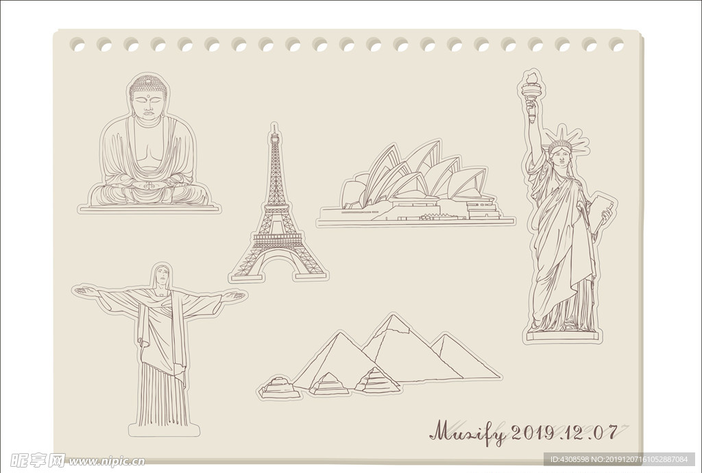 世界标志建筑物白描图