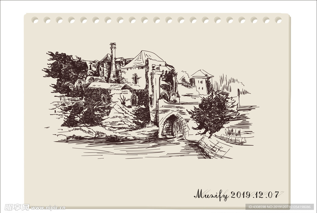 欧式乡村建筑素描画