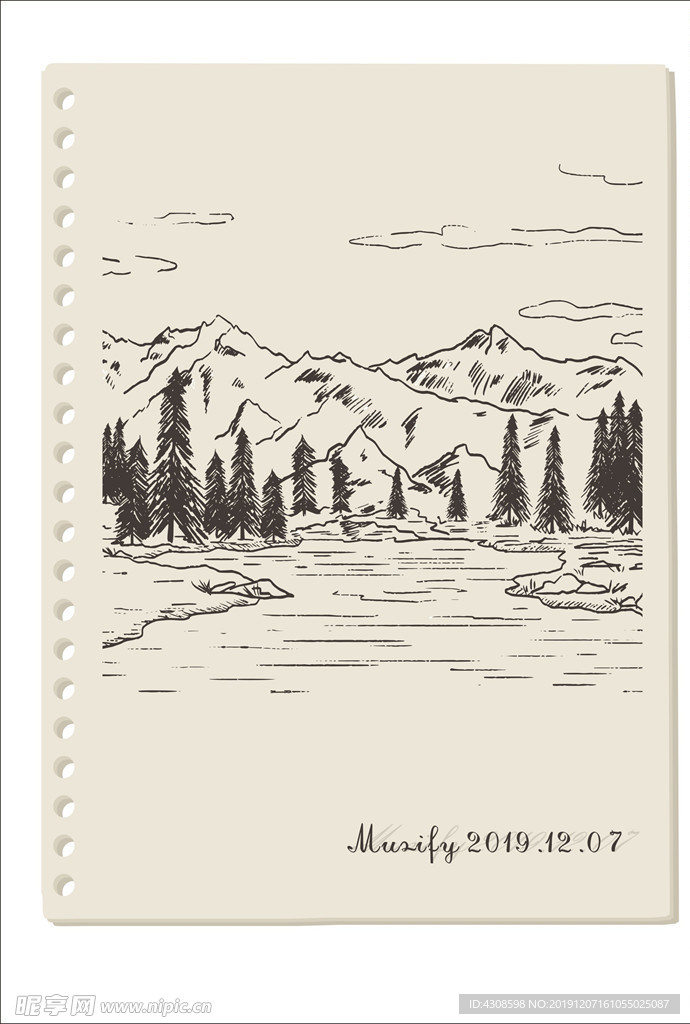 雪山湖泊素描画