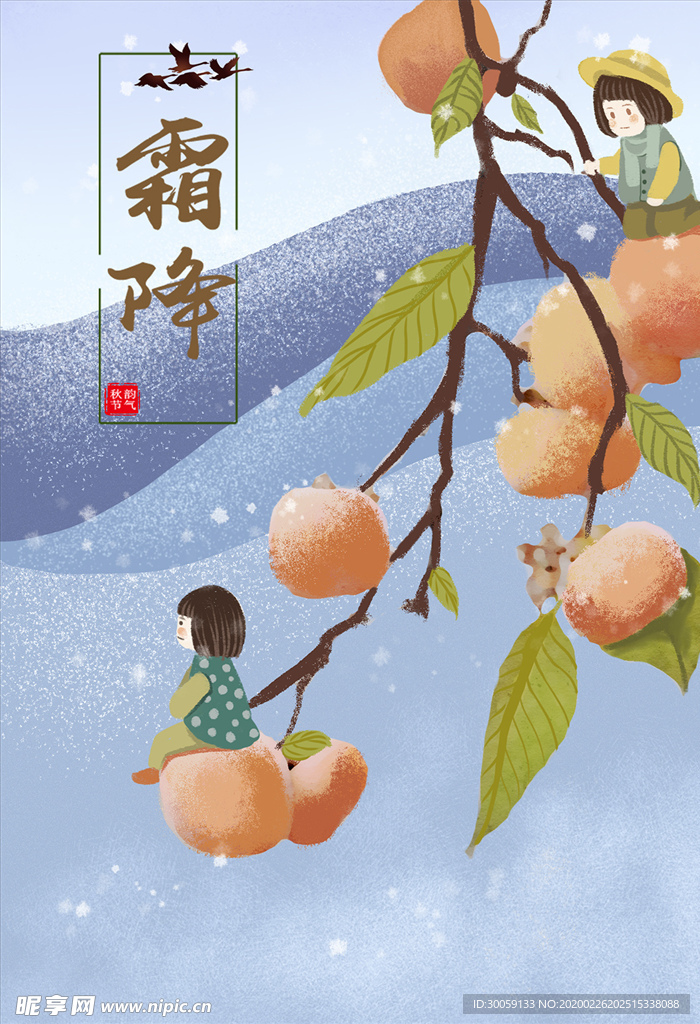 霜降节气插画海报