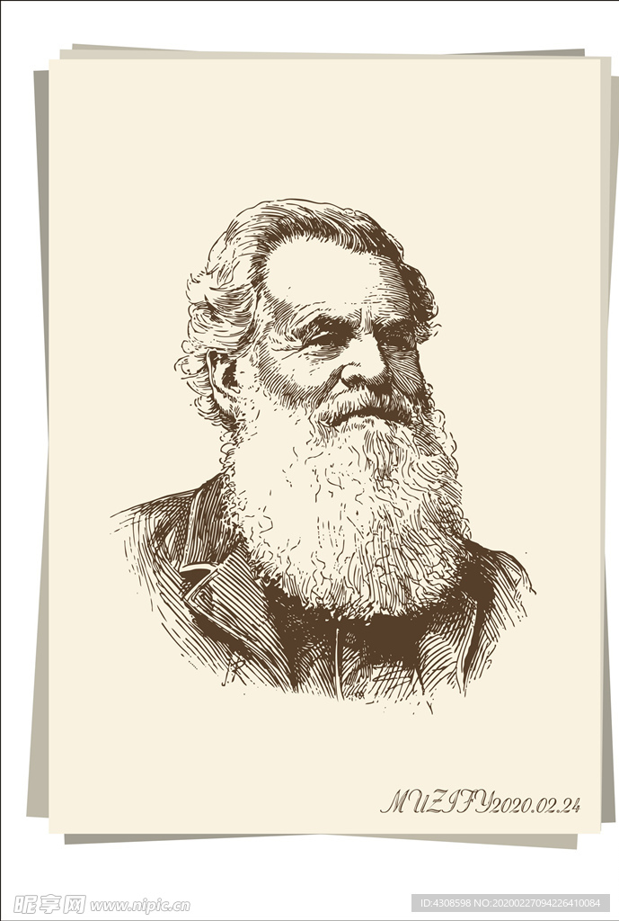 白胡子男子肖像画 手绘稿