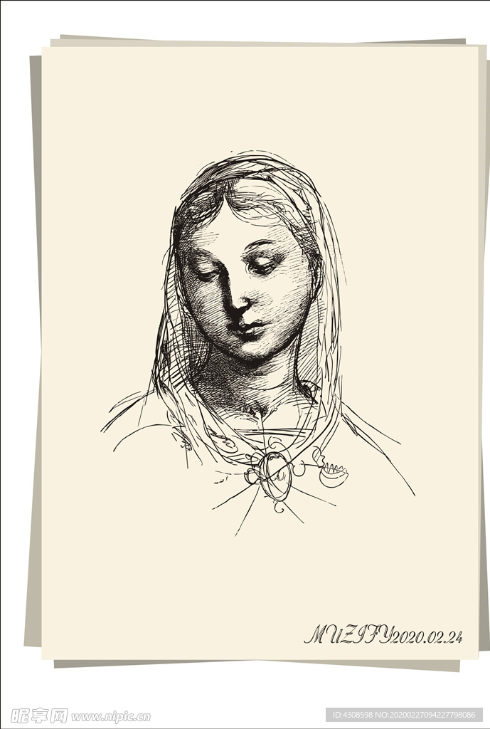 欧洲女子头像手绘稿