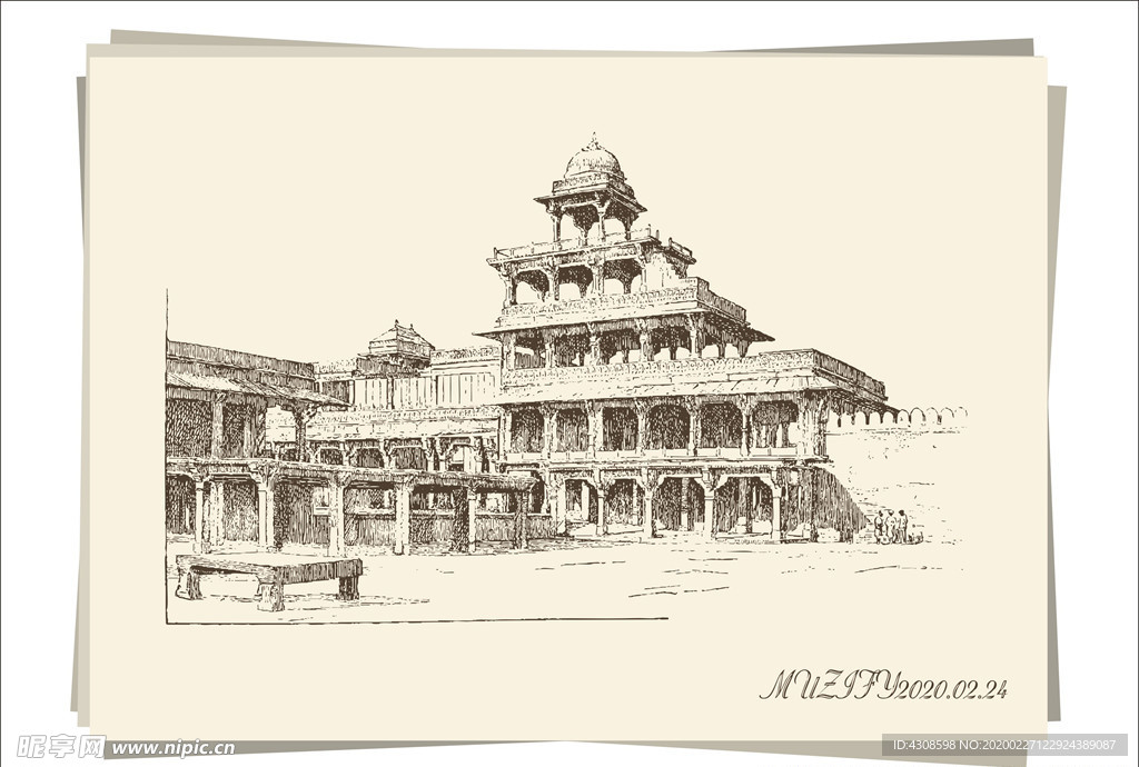 建筑物装饰画手绘稿