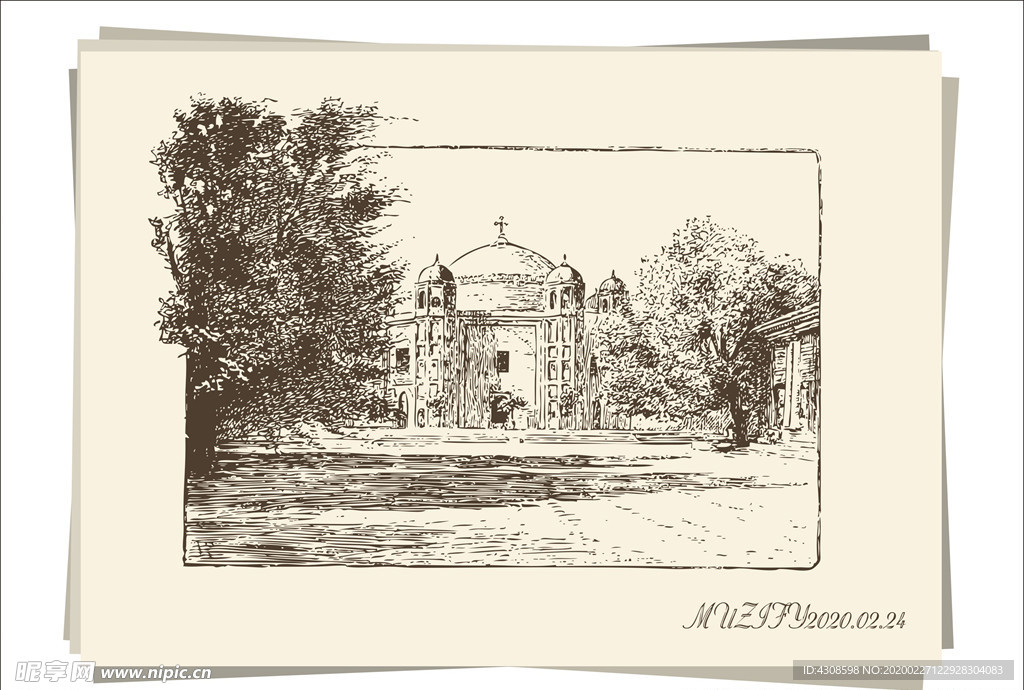 圆顶古建筑手绘稿