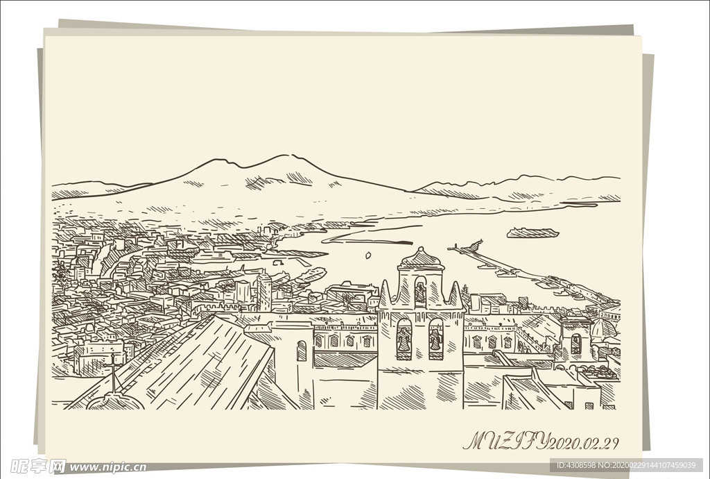 那不勒斯风景手绘稿