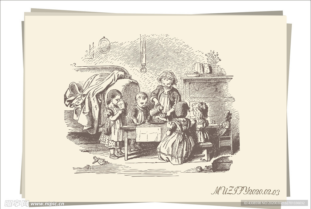 灯下的女孩子们手绘稿