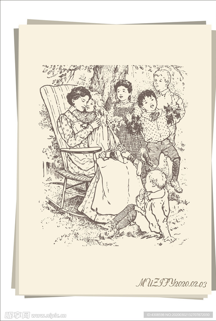 花园树下的母亲与孩子