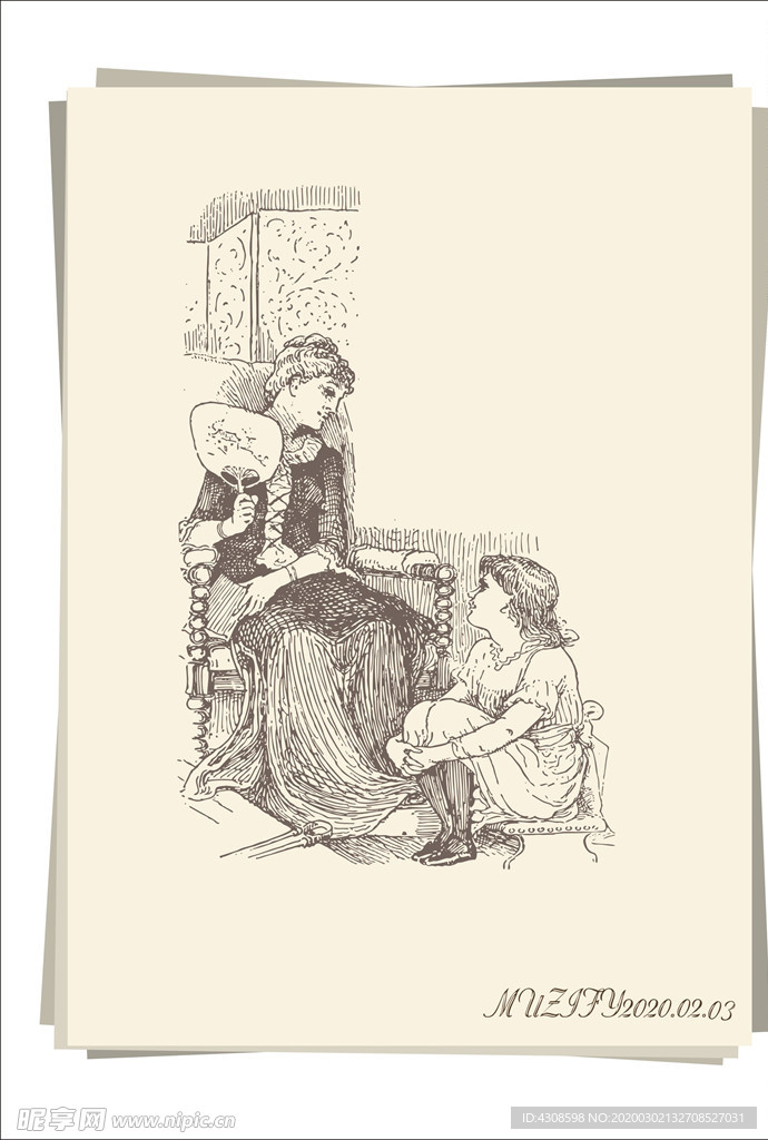 复古坐姿女性手绘稿