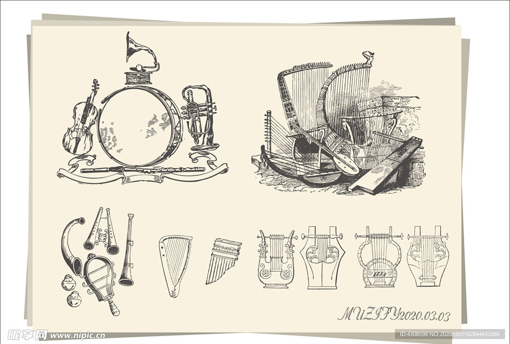 打击乐器与弦乐器手绘稿