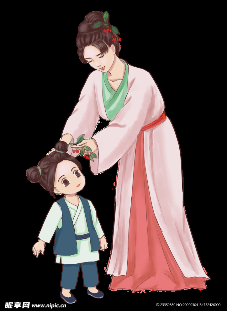 重阳节元素插茱萸古人妇女小孩手