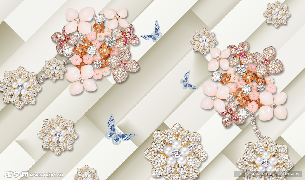钻石珠宝立体花朵蝴蝶背景