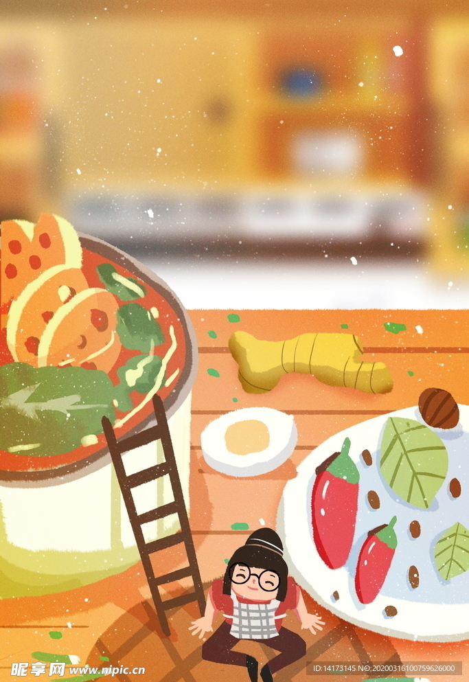 手绘美食火锅麻辣烫炸鸡面插画