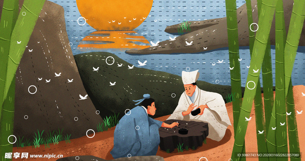 棋逢对手成语故事插画