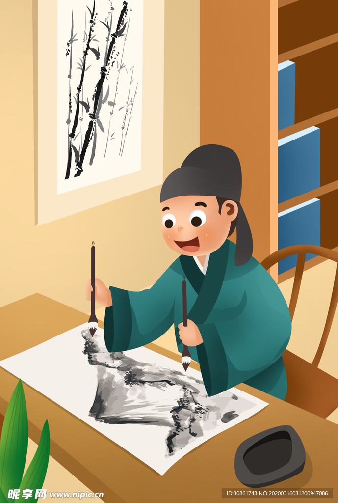 双管齐下成语故事插画