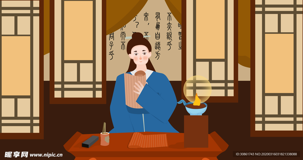 挑灯夜读成语故事插画