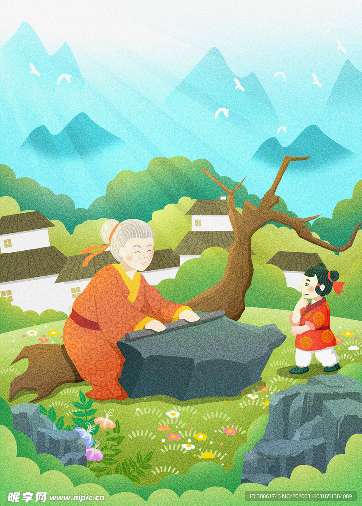 铁杵磨针成语故事插画