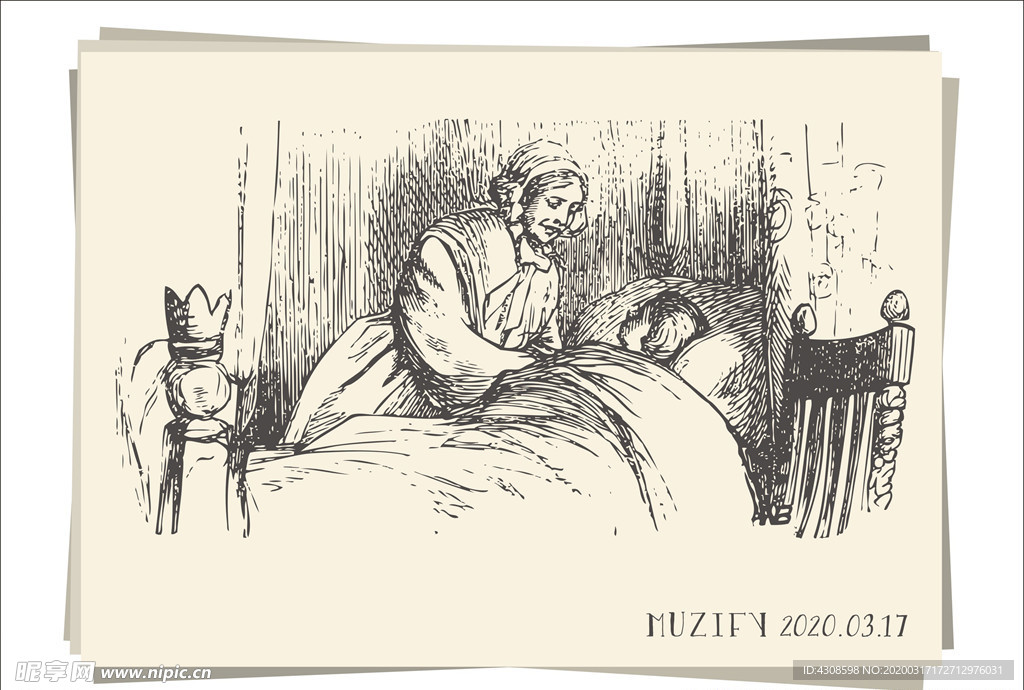 唱晚安曲的母亲素描画