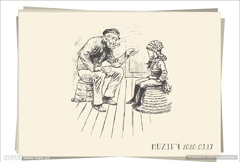 船长爷爷和孙女 素描画