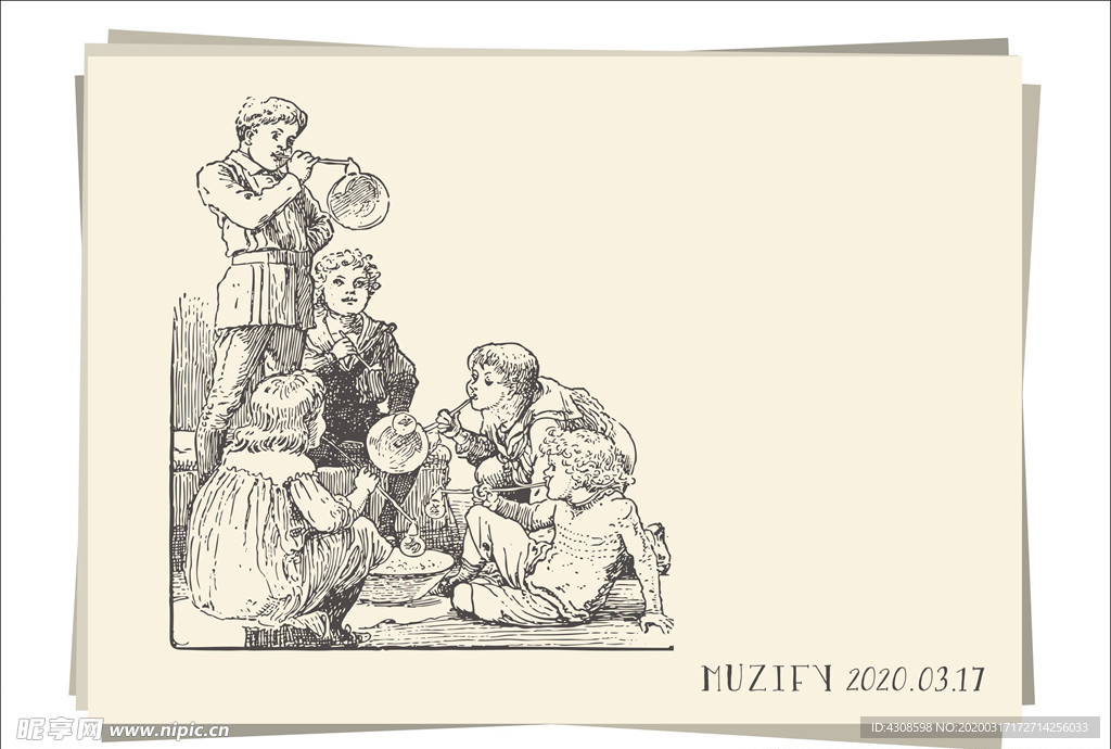 吹泡泡的孩子们素描画