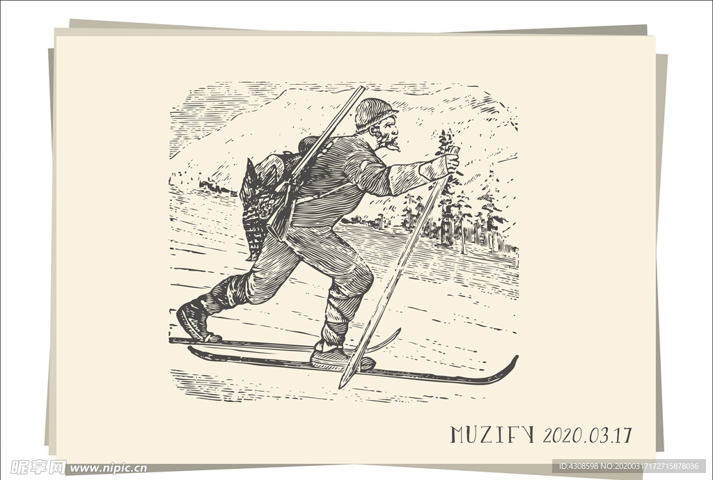 滑雪的男子素描画