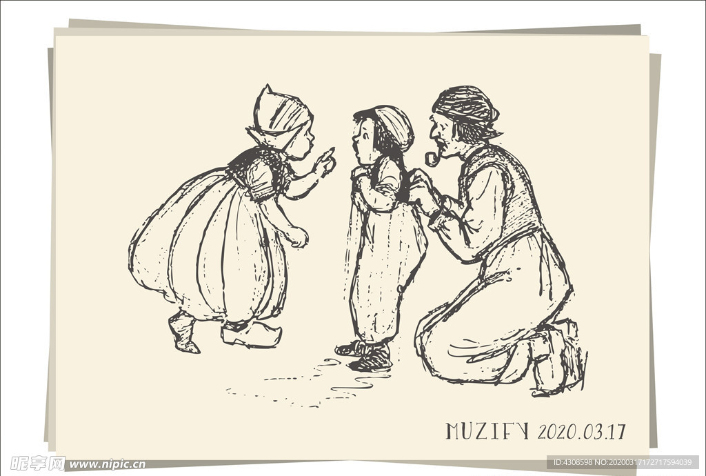 姐姐妹妹 和爷爷素描画