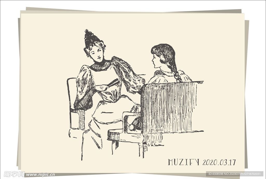 聊天的姐妹 素描画