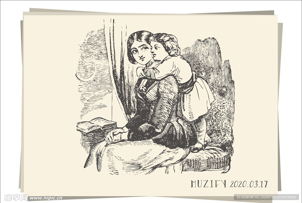 母亲与儿子素描画