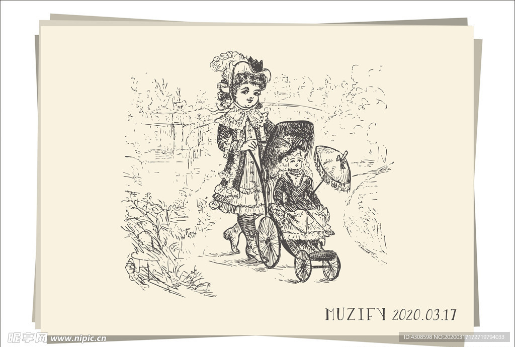 推婴儿车的贵族少女素描画