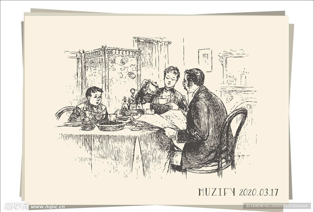 一家三口晚餐素描画