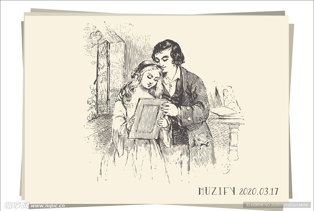 看画框的夫妻素描画