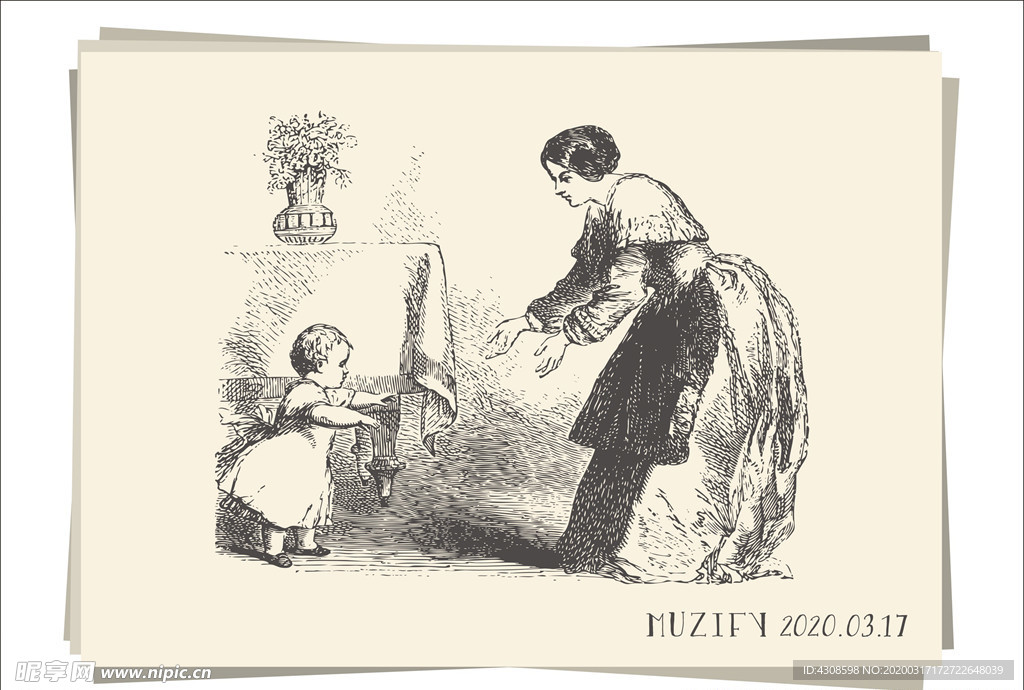 学走路的孩子与母亲 素描画