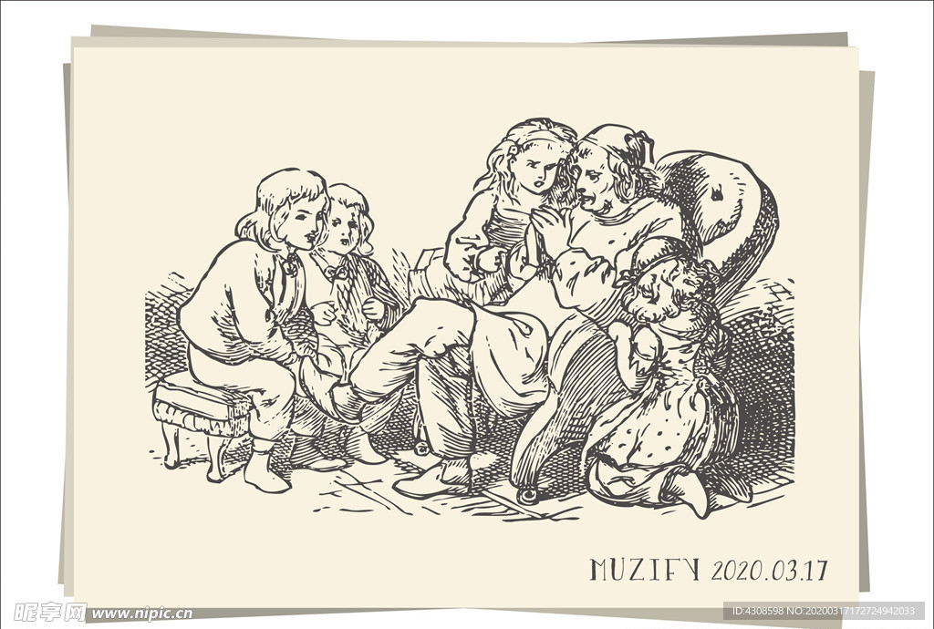 祖母和孙儿素描画